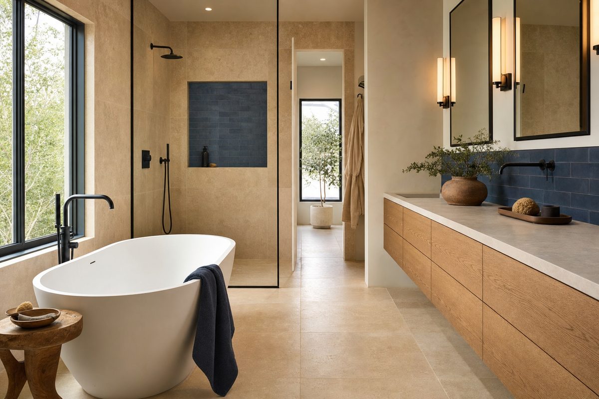 Finished bathroom with a freestanding tub and walk-in shower — representative service imagery, not a completed Golden Hills project