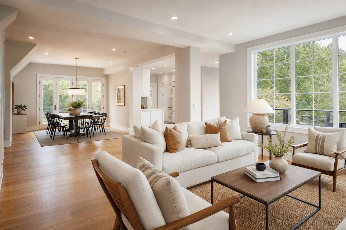 Updated open-concept living space with warm floors — representative service imagery, not a completed Golden Hills project