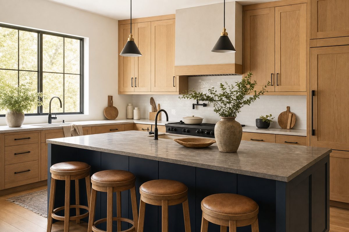 Warm kitchen with wood cabinetry and a navy island — representative service imagery, not a completed Golden Hills project