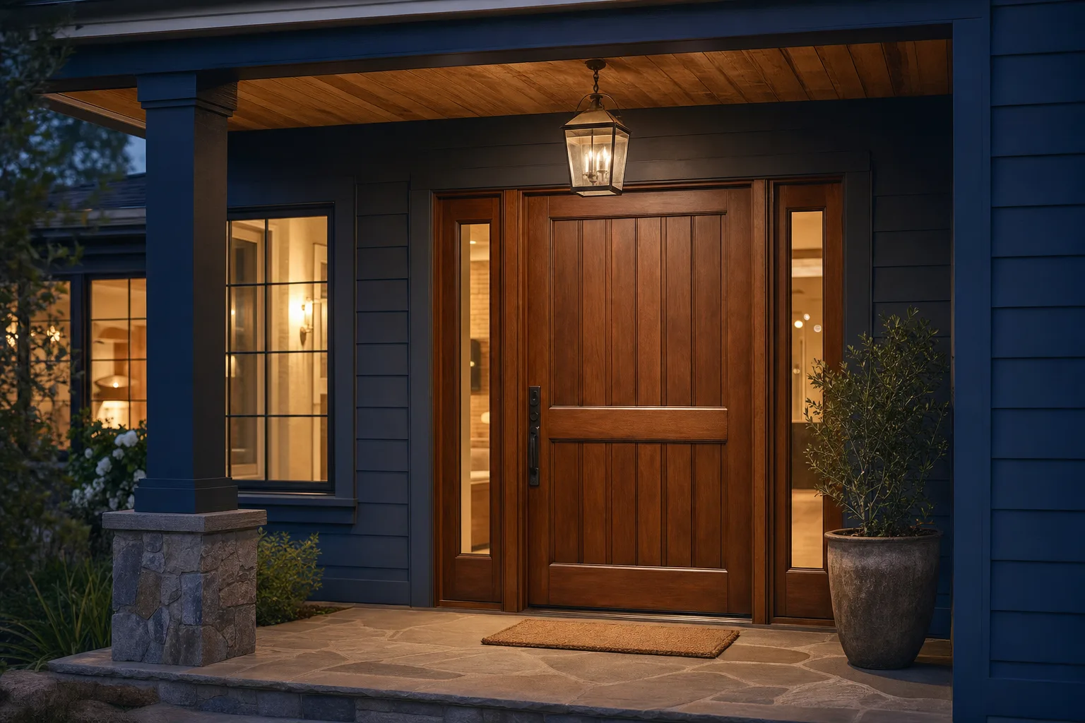Stained wood entry door with sidelights on a California home — representative service imagery, not a completed Golden Hills project