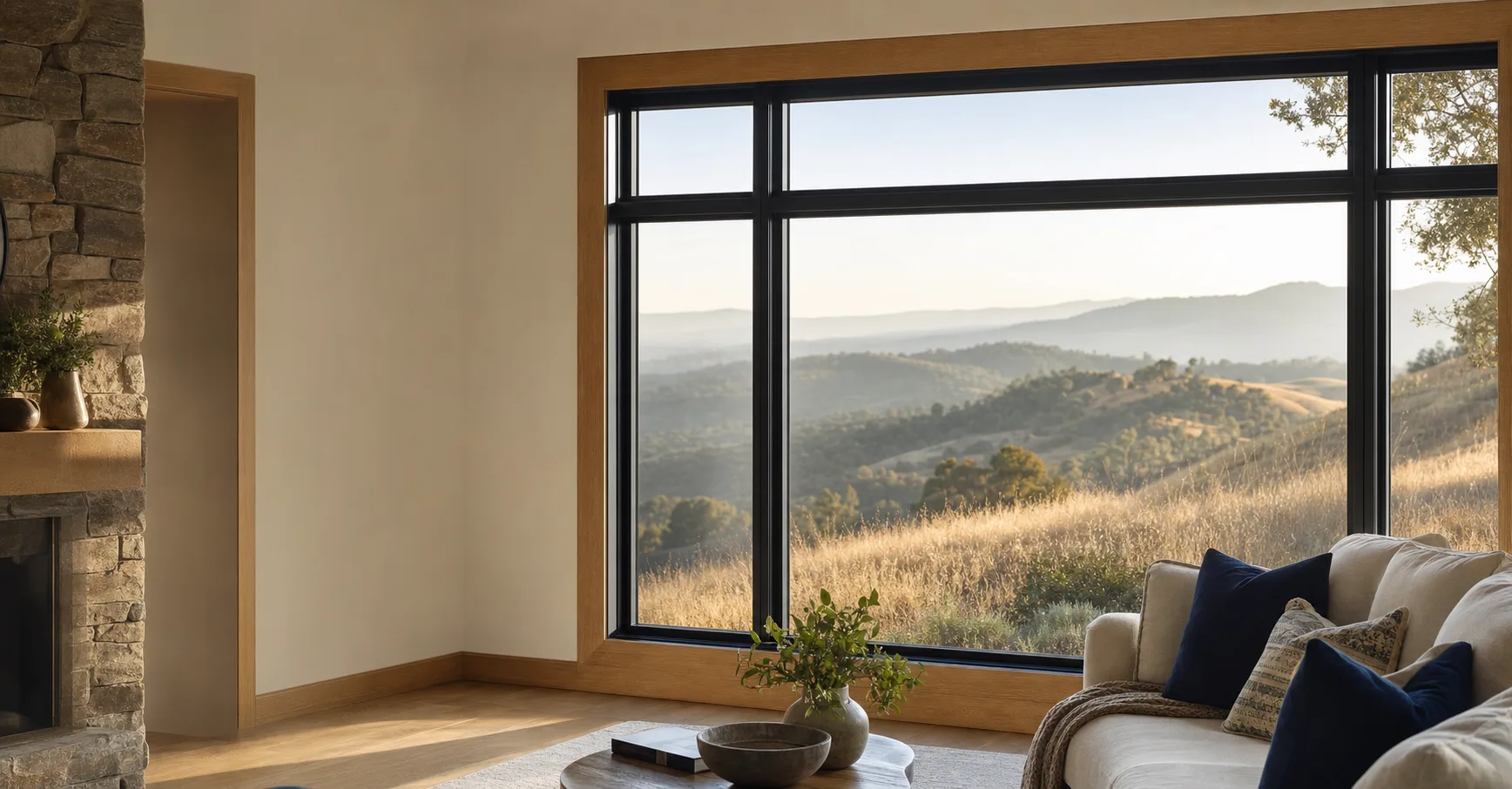 Large black-framed replacement window in a warm California foothill home — representative service imagery, not a completed Golden Hills project