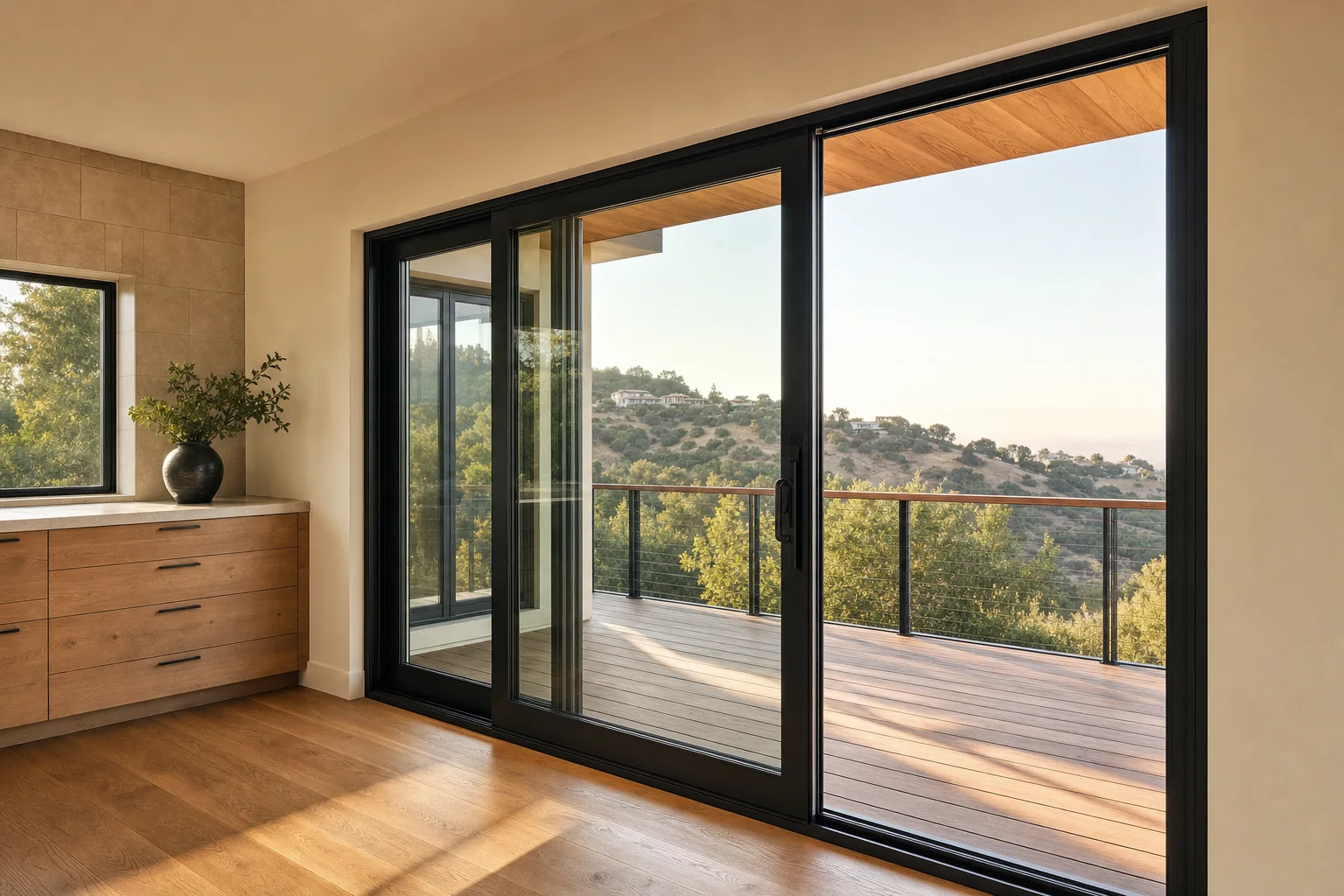 Black-framed sliding patio door opening to a California hillside deck — representative service imagery, not a completed Golden Hills project