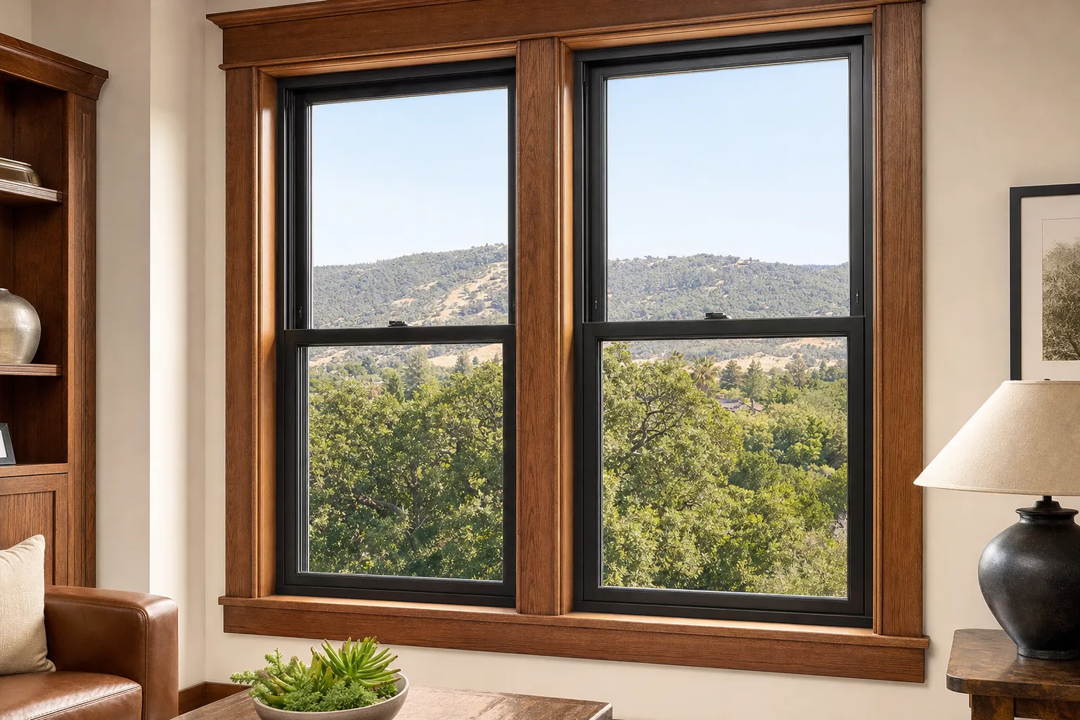 Black-framed replacement windows with finished wood trim in a California foothill home — representative service imagery, not a completed Golden Hills project